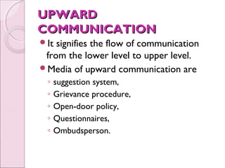 UPWARD
COMMUNICATION
It signifies the flow of communication
 from the lower level to upper level.
Media of upward communication are
 ◦   suggestion system,
 ◦   Grievance procedure,
 ◦   Open-door policy,
 ◦   Questionnaires,
 ◦   Ombudsperson.
 