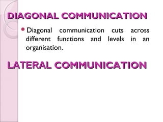 DIAGONAL COMMUNICATION
  Diagonal   communication cuts across
   different functions and levels in an
   organisation.

LATERAL COMMUNICATION
 