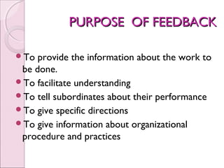 PURPOSE OF FEEDBACK

To  provide the information about the work to
 be done.
To facilitate understanding
To tell subordinates about their performance
To give specific directions
To give information about organizational
 procedure and practices
 