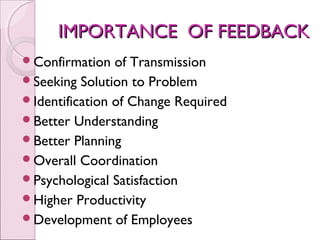 IMPORTANCE OF FEEDBACK
Confirmation   of Transmission
Seeking Solution to Problem
Identification of Change Required
Better Understanding
Better Planning
Overall Coordination
Psychological Satisfaction
Higher Productivity
Development of Employees
 