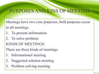 PURPOSES AND KINS OF MEETING
Meetings have two core purposes, both purposes occur
in all meetings
1. To present information
2. To solve problem
KINDS OF MEETINGS:
There are three kinds of meetings.
1. Informational meeting
2. Suggested solution meeting
3. Problem solving meeting
 