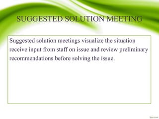 SUGGESTED SOLUTION MEETING
Suggested solution meetings visualize the situation
receive input from staff on issue and review preliminary
recommendations before solving the issue.
 