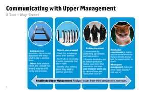 © Copyright 2013 Hewlett-Packard Development Company, L.P. The information contained herein is subject to change without notice. HP Restricted.8
Communicating with Upper Management
A Two – Way Street
- Anticipate their
questions, concerns and
objections-and know
what to say to address
them.
- Collect data, analyze
trends and conduct risk-
reward analyses with
clarity and precision.
Rejects your proposal
- Treat it as a challenge
rather than a defeat.
- Don't take it personally
or insist repeatedly that
you're right.
- Identify what missing
pieces they need to
approve your plan.
End any important
- Conversation by
confirming agreements
and taking notes.
- If you've decided to put
an aide on probation,
review your notes that
summarize the steps
your manager wants you
to take and then ask,
“Does that cover it?”
Dishing out
compliments to higher-
ups can sound insincere.
But you should always
look for opportunities to
thank.
When upper
management makes an
error, resist playing “I
told you so” .
Relating to Upper Management: Analyze issues from their perspective, not yours.
 