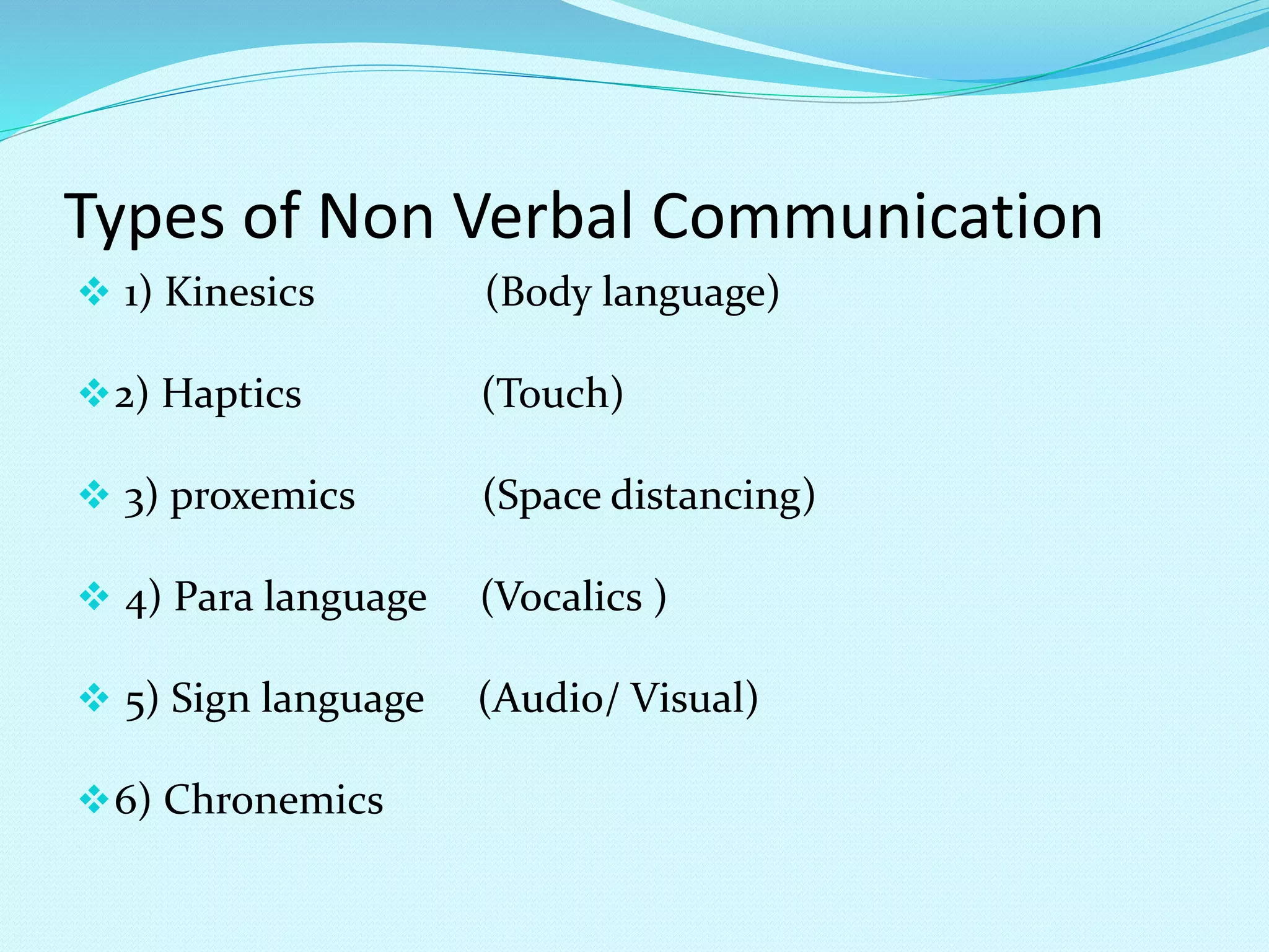 Types of Non Verbal Communication
 1) Kinesics (Body language)
2) Haptics (Touch)
 3) proxemics (Space distancing)
 4) Para language (Vocalics )
 5) Sign language (Audio/ Visual)
6) Chronemics
 
