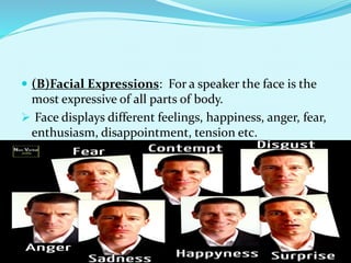  (B)Facial Expressions: For a speaker the face is the
most expressive of all parts of body.
 Face displays different feelings, happiness, anger, fear,
enthusiasm, disappointment, tension etc.
 