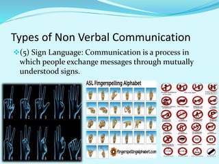 Types of Non Verbal Communication
(5) Sign Language: Communication is a process in
which people exchange messages through mutually
understood signs.
 