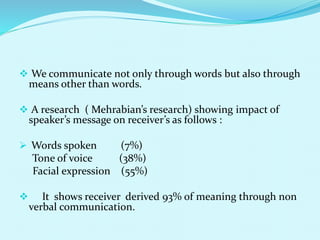  We communicate not only through words but also through
means other than words.
 A research ( Mehrabian’s research) showing impact of
speaker’s message on receiver’s as follows :
 Words spoken (7%)
Tone of voice (38%)
Facial expression (55%)
 It shows receiver derived 93% of meaning through non
verbal communication.
 