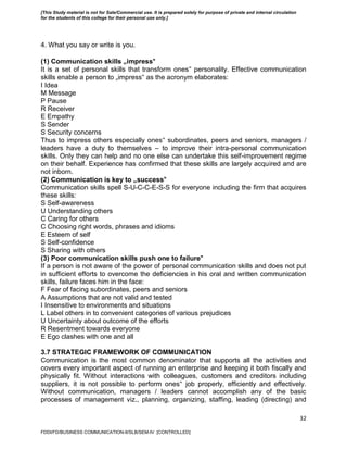 32
4. What you say or write is you.
(1) Communication skills „impress‟
It is a set of personal skills that transform ones‟ personality. Effective communication
skills enable a person to „impress‟ as the acronym elaborates:
I Idea
M Message
P Pause
R Receiver
E Empathy
S Sender
S Security concerns
Thus to impress others especially ones‟ subordinates, peers and seniors, managers /
leaders have a duty to themselves – to improve their intra-personal communication
skills. Only they can help and no one else can undertake this self-improvement regime
on their behalf. Experience has confirmed that these skills are largely acquired and are
not inborn.
(2) Communication is key to „success‟
Communication skills spell S-U-C-C-E-S-S for everyone including the firm that acquires
these skills:
S Self-awareness
U Understanding others
C Caring for others
C Choosing right words, phrases and idioms
E Esteem of self
S Self-confidence
S Sharing with others
(3) Poor communication skills push one to failure‟
If a person is not aware of the power of personal communication skills and does not put
in sufficient efforts to overcome the deficiencies in his oral and written communication
skills, failure faces him in the face:
F Fear of facing subordinates, peers and seniors
A Assumptions that are not valid and tested
I Insensitive to environments and situations
L Label others in to convenient categories of various prejudices
U Uncertainty about outcome of the efforts
R Resentment towards everyone
E Ego clashes with one and all
3.7 STRATEGIC FRAMEWORK OF COMMUNICATION
Communication is the most common denominator that supports all the activities and
covers every important aspect of running an enterprise and keeping it both fiscally and
physically fit. Without interactions with colleagues, customers and creditors including
suppliers, it is not possible to perform ones‟ job properly, efficiently and effectively.
Without communication, managers / leaders cannot accomplish any of the basic
processes of management viz., planning, organizing, staffing, leading (directing) and
FDDI/FD/BUSINESS COMMUNICATION-II/SLB/SEM-IV [CONTROLLED]
[This Study material is not for Sale/Commercial use. It is prepared solely for purpose of private and internal circulation
for the students of this college for their personal use only.]
 