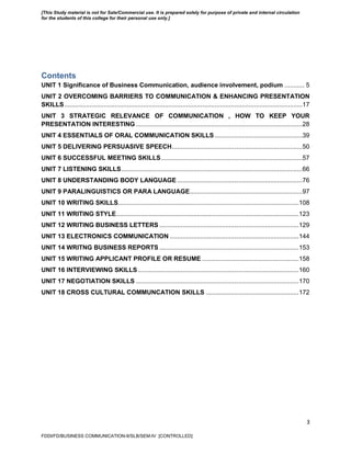 3
Contents
UNIT 1 Significance of Business Communication, audience involvement, podium ........... 5
UNIT 2 OVERCOMING BARRIERS TO COMMUNICATION & ENHANCING PRESENTATION
SKILLS.....................................................................................................................................17
UNIT 3 STRATEGIC RELEVANCE OF COMMUNICATION , HOW TO KEEP YOUR
PRESENTATION INTERESTING .............................................................................................28
UNIT 4 ESSENTIALS OF ORAL COMMUNICATION SKILLS .................................................39
UNIT 5 DELIVERING PERSUASIVE SPEECH.........................................................................50
UNIT 6 SUCCESSFUL MEETING SKILLS...............................................................................57
UNIT 7 LISTENING SKILLS.....................................................................................................66
UNIT 8 UNDERSTANDING BODY LANGUAGE ......................................................................76
UNIT 9 PARALINGUISTICS OR PARA LANGUAGE...............................................................97
UNIT 10 WRITING SKILLS.....................................................................................................108
UNIT 11 WRITING STYLE......................................................................................................123
UNIT 12 WRITING BUSINESS LETTERS ..............................................................................129
UNIT 13 ELECTRONICS COMMUNICATION ........................................................................144
UNIT 14 WRITNG BUSINESS REPORTS ..............................................................................153
UNIT 15 WRITING APPLICANT PROFILE OR RESUME ......................................................158
UNIT 16 INTERVIEWING SKILLS..........................................................................................160
UNIT 17 NEGOTIATION SKILLS ...........................................................................................170
UNIT 18 CROSS CULTURAL COMMUNCATION SKILLS ....................................................172
FDDI/FD/BUSINESS COMMUNICATION-II/SLB/SEM-IV [CONTROLLED]
[This Study material is not for Sale/Commercial use. It is prepared solely for purpose of private and internal circulation
for the students of this college for their personal use only.]
 