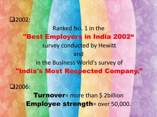 2002:
Ranked No. 1 in the
"Best Employers in India 2002“
survey conducted by Hewitt
and
in the Business World's survey of
"India's Most Respected Company."
2006:

Turnover= more than $ 2billion
Employee strength= over 50,000.

 
