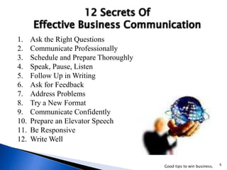 6
Good tips to win business.
1. Ask the Right Questions
2. Communicate Professionally
3. Schedule and Prepare Thoroughly
4. Speak, Pause, Listen
5. Follow Up in Writing
6. Ask for Feedback
7. Address Problems
8. Try a New Format
9. Communicate Confidently
10. Prepare an Elevator Speech
11. Be Responsive
12. Write Well
 