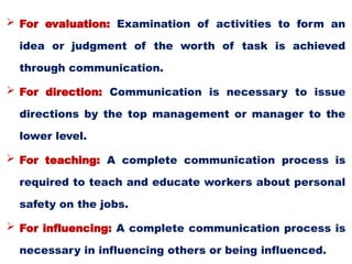  For evaluation: Examination of activities to form an
idea or judgment of the worth of task is achieved
through communication.
 For direction: Communication is necessary to issue
directions by the top management or manager to the
lower level.
 For teaching: A complete communication process is
required to teach and educate workers about personal
safety on the jobs.
 For influencing: A complete communication process is
necessary in influencing others or being influenced.
 