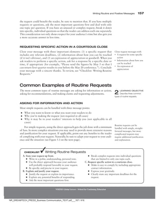 Writing Routine and Positive Messages 157
NMIMS Global Access - School for Continuing Education
the request could benefit the reader, be sure to mention that. If you have multiple
requests or questions, ask the most important questions first and deal with only
one topic per question. If you have an unusual or complex request, break it down
into specific, individual questions so that the reader can address each one separately.
This consideration not only shows respect for your audience’s time but also gets you
a more accurate answer in less time.
Requesting Specific Action in a Courteous Close
Close your message with three important elements: (1) a specific request that
includes any relevant deadlines, (2) information about how you can be reached
(if it isn’t obvious), and (3) an expression of appreciation or goodwill. When you
ask readers to perform a specific action, ask for a response by a specific date or
time, if appropriate (for example, “Please send the figures by May 5 so that I
can return first-quarter results to you before the May 20 conference.”). Conclude
your message with a sincere thanks. To review, see “Checklist: Writing Routine
Requests.”
Common Examples of Routine Requests
The most common types of routine messages are asking for information or action,
asking for recommendations, and making claims and requesting adjustments.
Asking for Information and Action
Most simple requests can be handled with three message points:
●
● What you want to know or what you want your readers to do
●
● Why you’re making the request (not required in all cases)
●
● Why it may be in your readers’ interests to help you (not applicable in all
cases)
For simple requests, using the direct approach gets the job done with a minimum
of fuss. In more complex situations you may need to provide more extensive reasons
and justification for your request. If applicable, point out any benefits to the reader
of complying with your request. Naturally, be sure to adapt your request to your audi-
ence and the situation (see Figure 5.1 on the next page).
Close request messages with
• A request for some specific
action
• Information about how you
can be reached
• An expression of
appreciation
2 Learning Objective
Describe three common
types of routine requests.
Routine requests can be
handled with simple, straight-
forward messages, but more
complicated requests may
require additional justification
and explanation.
A. State your request up front.
●
● Write in a polite, undemanding, personal tone.
●
● Use the direct approach because your audience
will probably respond favorably to your request.
●
● Be specific and precise in your request.
B. Explain and justify your request.
●
● Justify the request or explain its importance.
●
● Explain any potential benefits of responding.
●
● Ask the most important questions first.
●
● Break complex requests into individual questions
that are limited to only one topic each.
C. Request specific action in a courteous close.
●
● Make it easy to comply by including appropriate
­contact information.
●
● Express your gratitude.
●
● Clearly state any important deadlines for the
request.
Checklist ✓Writing Routine Requests
NR_DREAMTECH_PRESS_Business Communication_TEXT.pdf___167 / 416
 