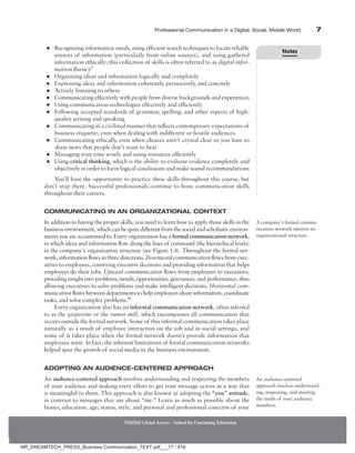 Professional Communication in a Digital, Social, Mobile World 7
●
● Recognizing information needs, using efficient search techniques to locate reliable
sources of information (particularly from online sources), and using gathered
information ethically; this collection of skills is often referred to as digital infor-
mation fluency9
●
● Organizing ideas and information logically and completely
●
● Expressing ideas and information coherently, persuasively, and concisely
●
● Actively listening to others
●
● Communicating effectively with people from diverse backgrounds and experiences
●
● Using communication technologies effectively and efficiently
●
● Following accepted standards of grammar, spelling, and other aspects of high-
quality writing and speaking
●
● Communicating in a civilized manner that reflects contemporary expectations of
business etiquette, even when dealing with indifferent or hostile audiences
●
● Communicating ethically, even when choices aren’t crystal clear or you have to
share news that people don’t want to hear
●
● Managing your time wisely and using resources efficiently
●
● Using critical thinking, which is the ability to evaluate evidence completely and
objectively in order to form logical conclusions and make sound recommendations
You’ll have the opportunity to practice these skills throughout this course, but
don’t stop there. Successful professionals continue to hone communication skills
throughout their careers.
Communicating in an Organizational Context
In addition to having the proper skills, you need to learn how to apply those skills in the
business environment, which can be quite different from the social and scholastic environ-
ments you are accustomed to. Every organization has a formal communication network,
in which ideas and information flow along the lines of command (the hierarchical levels)
in the ­
company’s organization structure (see Figure 1.4). Throughout the formal net-
work, information flows in three directions. Downward communication flows from exec-
utives to employees, conveying executive decisions and providing information that helps
employees do their jobs. Upward communication flows from employees to executives,
providing insight into problems, trends, opportunities, grievances, and performance, thus
allowing executives to solve ­
problems and make intelligent decisions. Horizontal com-
munication flows between departments to help employees share information, coordinate
tasks, and solve complex problems.10
Every organization also has an informal communication network, often referred
to as the grapevine or the rumor mill, which encompasses all communication that
occurs outside the formal network. Some of this informal communication takes place
naturally as a result of employee interaction on the job and in social settings, and
some of it takes place when the formal network doesn’t provide information that
employees want. In fact, the inherent limitations of formal communication networks
helped spur the growth of social media in the business environment.
Adopting an Audience-Centered Approach
An audience-centered approach involves understanding and respecting the members
of your audience and making every effort to get your message across in a way that
is meaningful to them. This approach is also known as adopting the “you” attitude,
in contrast to messages that are about “me.” Learn as much as possible about the
biases, education, age, status, style, and personal and professional concerns of your
A company’s formal commu-
nication network mirrors its
organizational structure.
An audience-centered
approach involves understand-
ing, respecting, and meeting
the needs of your audience
members.
NMIMS Global Access - School for Continuing Education
Notes
NR_DREAMTECH_PRESS_Business Communication_TEXT.pdf___17 / 416
 