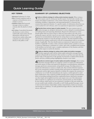 Quick Learning guide
173
adjustment Settlement of a claim
claim A formal complaint made in
response to dissatisfaction over a
product or service
condolence letters Brief personal
messages written to comfort
someone after the death of a loved
one
news release A specialized document,
also known as a press release,
traditionally used to share relevant
information with the local or
national news media; today, many
companies issue news releases
directly to the public as well
keY termS SummarY oF learning oBJeCtiveS
1Outline an eﬀective strategy for writing routine business requests. When writing a
routine request, open by stating your specific request. Use the body to justify your
request and explain its importance. Close routine requests by asking for specific action
(including a deadline, if appropriate) and expressing goodwill. A courteous close
contains three important elements: (1) a specific request, (2) information about how you
can be reached (if it isn’t obvious), and (3) an expression of appreciation or goodwill.
2Describe three common types of routine requests. The most common types of
routine messages are asking for information or action, asking for recommendations,
and making claims and requesting adjustments. Requests for information or action
should explain what you want to know or what you want readers to do, why you’re
making the request, and why it may be in your reader’s interest to help you (if applicable).
Requests for recommendations should open by stating what it is you are requesting
and asking the recipient to write the message in question. The body should list all the
information the recipient would need to write the recommendation (refer to an attached
résumé, if applicable). The close should contain an expression of appreciation and a
deadline, if applicable. To make a claim (a formal complaint about a product or service)
or request an adjustment (a settlement of a claim), open with a straightforward statement
of the problem, use the body to give a complete explanation of the situation, and close
with a polite request to resolve the situation.
3Outline an eﬀective strategy for writing routine replies and positive messages.
The direct approach works well for routine replies and positive messages because
recipients will generally be interested in what you have to say. Place your main idea (the
positive reply or the good news) in the opening. Use the body to explain all the relevant
details, and close cordially, perhaps highlighting a benefit to your reader.
4Describe six common types of routine replies and positive messages. Most routine
and positive messages fall into six categories: answers to requests for information
and action, grants of claims and requests for adjustment, recommendations, informative
messages, good-news announcements, and goodwill messages. Providing answers to
requests for information or action is a simple task, often assisted with form responses
that can be customized as needed. Granting claims and requests for adjustments is more
complicated, and the right response depends on whether the company, the customer, or
a third party was at fault. Recommendations also require a careful approach to avoid
legal complications; some companies prohibit managers from writing recommendation
letters or providing anything beyond basic employment history. Informative messages
are often simple and straightforward, but some require extra care if the information
affects recipients in a significant way. Good-news announcements are often handled
by news releases, which used to be sent exclusively to members of the news media but
are now usually made available to the public as well. Finally, goodwill messages, meant
to foster positive business relationships, include congratulations, thank-you messages,
and messages of condolence. To make goodwill messages effective, make them honest,
sincere, and factual.
Quick Learning guide
NMIMS Global Access - School for Continuing Education
NR_DREAMTECH_PRESS_Business Communication_TEXT.pdf___183 / 416
 