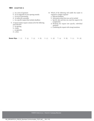 184 Chapter 5
NMIMS Global Access - School for Continuing Education
NMIMS Global Access - School for Continuing Education
		 a. 
As a series of questions
		 b. 
As an outgrowth of your opening remarks
		 c. 
As an act of persuasion
		 d. 
As indirectly as possible
		 e. 
As a specific request that includes deadlines
9. A typical routine request contains all of the following
parts EXCEPT
		 a. an opening.
		 b. a body.
		 c. an appendix.
		 d. a close.
10. Which of the following will enable the reader to
respond to complex requests?
		 a. Relevant deadlines
		 b. 
Information about how you can be reached
		 c. 
Specific date and time you want the request to be
completed by
		 d. 
Breaking the request into specific, individual
questions
		 e. 
Combining the request with strong transitions
Answer Keys: 1. (c)  2. (a)  3. (e)  4. (b)  5. (c)  6. (d)  7. (a)  8. (b)  9. (c)  10. (d)
NR_DREAMTECH_PRESS_Business Communication_TEXT.pdf___194 / 416
 