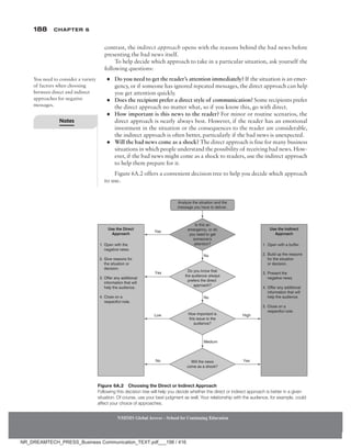 188 Chapter 6
NMIMS Global Access - School for Continuing Education
NMIMS Global Access - School for Continuing Education
contrast, the indirect approach opens with the reasons behind the bad news before
presenting the bad news itself.
To help decide which approach to take in a particular situation, ask yourself the
following questions:
●
● Do you need to get the reader’s attention immediately? If the situation is an emer-
gency, or if someone has ignored repeated messages, the direct approach can help
you get attention quickly.
●
● Does the recipient prefer a direct style of communication? Some recipients prefer
the direct approach no matter what, so if you know this, go with direct.
●
● How important is this news to the reader? For minor or routine scenarios, the
direct approach is nearly always best. However, if the reader has an emotional
investment in the situation or the consequences to the reader are considerable,
the indirect approach is often better, particularly if the bad news is unexpected.
●
● Will the bad news come as a shock? The direct approach is fine for many business
situations in which people understand the possibility of receiving bad news. How-
ever, if the bad news might come as a shock to readers, use the indirect approach
to help them prepare for it.
Figure 6A.2 offers a convenient decision tree to help you decide which approach
to use.
You need to consider a variety
of factors when choosing
between direct and indirect
approaches for negative
messages.
Figure 6A.2 Choosing the Direct or Indirect Approach
Following this decision tree will help you decide whether the direct or indirect approach is better in a given
situation. Of course, use your best judgment as well. Your relationship with the audience, for example, could
affect your choice of approaches.
#PCN[GVJGUKVWCVKQPCPFVJG
OGUUCIG[QWJCXGVQFGNKXGT
+UVJKUCP
GOGTIGPE[QTFQ
[QWPGGFVQIGV
UQOGQPGoU
CVVGPVKQP!
7UGVJGKTGEV
#RRTQCEJ
1RGPYKVJVJG
 PGICVKXGPGYU
)KXGTGCUQPUHQT
 VJGUKVWCVKQPQT
 FGEKUKQP
1HHGTCP[CFFKVKQPCN
 KPHQTOCVKQPVJCVYKNN
 JGNRVJGCWFKGPEG
%NQUGQPC
 TGURGEVHWNPQVG
*QYKORQTVCPVKU
VJKUKUUWGVQVJG
CWFKGPEG!
9KNNVJGPGYU
EQOGCUCUJQEM!
Q[QWMPQYVJCV
VJGCWFKGPEGCNYC[U
RTGHGTUVJGFKTGEV
CRRTQCEJ!
0Q
;GU
;GU
0Q
/GFKWO
.QY
0Q
*KIJ
;GU
7UGVJG+PFKTGEV
#RRTQCEJ
1RGPYKVJCDWHHGT
$WKNFWRVJGTGCUQPU
 HQTVJGUKVWCVKQP
 QTFGEKUKQP
2TGUGPVVJG
 PGICVKXGPGYU
1HHGTCP[CFFKVKQPCN
 KPHQTOCVKQPVJCVYKNN
 JGNRVJGCWFKGPEG
%NQUGQPC
 TGURGEVHWNPQVG
Notes
NR_DREAMTECH_PRESS_Business Communication_TEXT.pdf___198 / 416
 