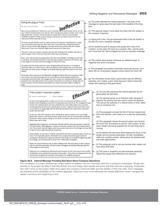 Writing Negative and Persuasive Messages 203
NMIMS Global Access - School for Continuing Education
Figure 6A.6 Internal Message Providing Bad News About Company Operations
The cancelation of a major development project before completion can be a traumatic event for a company’s employees. People who
worked on the project are likely to feel that all their time and energy were wasted and worry that their jobs are in jeopardy. Employees
who didn’t work on the project might worry about the company’s financial health and the stability of their own jobs. Such messages
are therefore prime candidates for the indirect approach. Note how much more effectively the revised (effective) version manages the
reader’s emotions from beginning to end.
(a) The writer attempts the indirect approach in the body of the
message but gives away the bad news in the headline of the blog
post.
(b) This opening makes it more about the writer than the readers or
the company in general.
(c) Saying that Triton “will get hammered when it hits the market” is
too blunt for such a sensitive message.
(d) He started the post by saying most people don’t look at the
numbers, so this news will come as a surprise. Also, “pull the plug”
and “It just won’t fly” feel too flippant for such an important message.
(e) This remark about gossip introduces an additional layer of
negativity that serve no purpose.
(f) This paragraph has positive information about job security, but it
starts with an unnecessary negative remark about the rumor mill.
(g) This information would make a good buffer (see the Effective
example), but it makes a poor close because it doesn’t leave the
reader with anything to feel good about.
(a) The post title preserves the indirect approach by not
giving away the bad news.
(b) The opening serves as an effective buffer because it
explains the process that was used to reach the decision.
This will put the audience in a rational frame of mind, rather
than an emotional one.
(c) This paragraph conveys the first of the two reasons that
led to the decision, and it does so in a calm but authoritative
way.
(d) This paragraph shares the second reason and narrows
the focus from all products to just the Triton project. At this
point, readers should be prepared for the bad news that is
coming.
(e) He delivers the bad news while keeping the focus on the
project and its financial parameters. He also immediately
shifts into a positive stance, talking about the talented staff
and other opportunities.
(f) This paragraph puts to rest any worries other readers will
have about their jobs.
(g) The close is respectful and demonstrates sensitivity
toward the people most affected by the decision.
NR_DREAMTECH_PRESS_Business Communication_TEXT.pdf___213 / 416
 