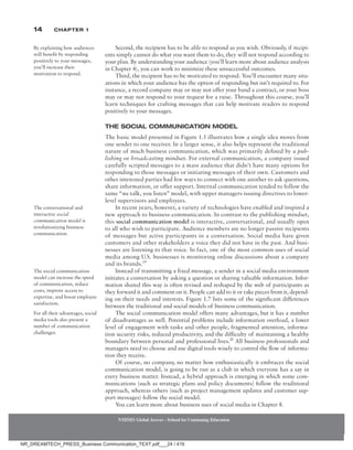 14 Chapter 1
Second, the recipient has to be able to respond as you wish. Obviously, if recipi-
ents simply cannot do what you want them to do, they will not respond according to
your plan. By understanding your audience (you’ll learn more about audience analysis
in Chapter 4), you can work to minimize these unsuccessful outcomes.
Third, the recipient has to be motivated to respond. You’ll encounter many situ-
ations in which your audience has the option of responding but isn’t required to. For
instance, a record company may or may not offer your band a contract, or your boss
may or may not respond to your request for a raise. Throughout this course, you’ll
learn techniques for crafting messages that can help motivate readers to respond
positively to your messages.
The Social Communication Model
The basic model presented in Figure 1.5 illustrates how a single idea moves from
one sender to one receiver. In a larger sense, it also helps represent the traditional
nature of much business communication, which was primarily defined by a pub-
lishing or broadcasting mindset. For external communication, a company issued
carefully scripted messages to a mass audience that didn’t have many options for
responding to those messages or initiating messages of their own. Customers and
other interested parties had few ways to connect with one another to ask questions,
share information, or offer support. Internal communication tended to follow the
same “we talk, you listen” model, with upper managers issuing directives to lower-
level supervisors and employees.
In recent years, however, a variety of technologies have enabled and inspired a
new approach to business communication. In contrast to the publishing mindset,
this social communication model is interactive, conversational, and usually open
to all who wish to participate. Audience members are no longer passive recipients
of messages but active participants in a conversation. Social media have given
customers and other stakeholders a voice they did not have in the past. And busi-
nesses are listening to that voice. In fact, one of the most common uses of social
media among U.S. businesses is monitoring online discussions about a company
and its brands.19
Instead of transmitting a fixed message, a sender in a social media environment
initiates a conversation by asking a question or sharing valuable information. Infor-
mation shared this way is often revised and reshaped by the web of participants as
they forward it and comment on it. People can add to it or take pieces from it, depend-
ing on their needs and interests. Figure 1.7 lists some of the significant differences
between the traditional and social models of business communication.
The social communication model offers many advantages, but it has a number
of disadvantages as well. Potential problems include information overload, a lower
level of engagement with tasks and other people, fragmented attention, informa-
tion security risks, reduced productivity, and the difficulty of maintaining a healthy
boundary between personal and professional lives.20
All business professionals and
managers need to choose and use digital tools wisely to control the flow of informa-
tion they receive.
Of course, no company, no matter how enthusiastically it embraces the social
communication model, is going to be run as a club in which everyone has a say in
every business matter. Instead, a hybrid approach is emerging in which some com-
munications (such as strategic plans and policy documents) follow the traditional
approach, whereas others (such as project management updates and customer sup-
port messages) follow the social model.
You can learn more about business uses of social media in Chapter 8.
By explaining how audiences
will benefit by responding
positively to your messages,
you’ll increase their
motivation to respond.
The conversational and
interactive social
communication model is
revolutionizing business
communication.
The social communication
model can increase the speed
of communication, reduce
costs, improve access to
expertise, and boost employee
satisfaction.
For all their advantages, social
media tools also present a
number of communication
challenges.
NMIMS Global Access - School for Continuing Education
NMIMS Global Access - School for Continuing Education
NR_DREAMTECH_PRESS_Business Communication_TEXT.pdf___24 / 416
 