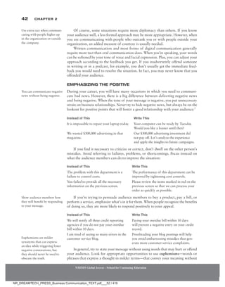 42 Chapter 2
NMIMS Global Access - School for Continuing Education
NMIMS Global Access - School for Continuing Education
Of course, some situations require more diplomacy than others. If you know
your audience well, a less formal approach may be more appropriate. However, when
you are communicating with people who outrank you or with people outside your
organization, an added measure of courtesy is usually needed.
Written communication and most forms of digital communication generally
require more tact than oral communication does. When you’re speaking, your words
can be softened by your tone of voice and facial expression. Plus, you can adjust your
approach according to the feedback you get. If you inadvertently offend someone
in writing or in a podcast, for example, you don’t usually get the immediate feed-
back you would need to resolve the situation. In fact, you may never know that you
offended your audience.
Emphasizing the Positive
During your career, you will have many occasions in which you need to communi-
cate bad news. However, there is a big difference between delivering negative news
and being negative. When the tone of your message is negative, you put unnecessary
strain on business relationships. Never try to hide negative news, but always be on the
lookout for positive points that will foster a good relationship with your audience:1
Instead of This Write This
It is impossible to repair your laptop today. Your computer can be ready by Tuesday.
Would you like a loaner until then?
We wasted $300,000 advertising in that
magazine.
Our $300,000 advertising investment did
not pay off. Let’s analyze the experience
and apply the insights to future campaigns.
If you find it necessary to criticize or correct, don’t dwell on the other person’s
mistakes. Avoid referring to failures, problems, or shortcomings. Focus instead on
what the audience members can do to improve the situation:
Instead of This Write This
The problem with this department is a
failure to control costs.
The performance of this department can be
improved by tightening cost controls.
You failed to provide all the necessary
information on the previous screen.
Please review the items marked in red on the
previous screen so that we can process your
order as quickly as possible.
If you’re trying to persuade audience members to buy a product, pay a bill, or
perform a service, emphasize what’s in it for them. When people recognize the benefits
of doing so, they are more likely to respond positively to your appeal.
Instead of This Write This
We will notify all three credit reporting
agencies if you do not pay your overdue
bill within 10 days.
Paying your overdue bill within 10 days
will prevent a negative entry on your credit
record.
I am tired of seeing so many errors in the
customer service blog.
Proofreading your blog postings will help
you avoid embarrassing mistakes that gen-
erate more customer service complaints.
In general, try to state your message without using words that may hurt or offend
your audience. Look for appropriate opportunities to use euphemisms—words or
phrases that express a thought in milder terms—that convey your meaning without
Use extra tact when communi-
cating with people higher up
in the organization or outside
the company.
You can communicate negative
news without being negative.
Show audience members how
they will benefit by responding
to your message.
Euphemisms are milder
synonyms that can express
an idea while triggering fewer
negative connotations, but
they should never be used to
obscure the truth.
NR_DREAMTECH_PRESS_Business Communication_TEXT.pdf___52 / 416
 