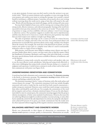 Writing and Completing Business Messages 51
NMIMS Global Access - School for Continuing Education
at any given moment. In most cases you don’t need to write the sections in any par-
ticular order.12
Work on nontext elements such as graphics or your cover page. Revisit
your purpose and confirm your intent in writing the message. Give yourself a mental
break by switching to a different project. Sometimes all you need to do is start writing
without worrying about the words you’re using or how they will sound to the audi-
ence. Words will start flowing, your mind will engage, and the writing will come easier.
You may find it helpful to hone your craft by viewing your writing at three levels:
strong words, effective sentences, and coherent paragraphs. Starting at the word level,
successful writers pay close attention to the correct use of words.13
If you make errors
of grammar or usage, you lose credibility with your audience—even if your message
is otherwise correct. Poor grammar suggests to readers that you’re unprofessional,
and they may choose not to trust you as a result. Moreover, poor grammar may imply
that you don’t respect your audience enough to get things right.
The rules of grammar and usage can be a source of worry for writers because
some of them are complex and some evolve over time. Even professional editors and
grammarians occasionally have questions about correct usage, and they may disagree
about the answers. For example, the word data is the plural form of datum, yet some
experts now prefer to treat data as a singular noun when it’s used in nonscientific
material to refer to a body of facts or figures.
With practice, you’ll become more skilled in making correct choices over time. If
you have doubts about what is correct, you have many ways to find the answer. Check
the Handbook of Grammar, Mechanics, and Usage at the end of this book, or consult
the many special reference books and resources available in libraries, in bookstores, and
on the Internet.
In addition to using words correctly, successful writers and speakers take care
to use the most effective words and phrases. Selecting and using words effectively is
often more challenging than using words correctly because doing so is a matter of
judgment and experience. Careful writers continue to work at their craft to find words
that communicate with power (see Figure 2A.4).
Understanding Denotation and Connotation
Awordmayhavebothadenotativeandaconnotativemeaning.Thedenotativemeaning
is the literal, or dictionary, meaning. The connotative meaning includes all the asso-
ciations and feelings evoked by the word.
The denotative meaning of desk is “a piece of furniture with a flat work surface and
various drawers for storage.” The connotative meaning of desk may include thoughts
associated with work or study, but the word desk has fairly neutral connotations—
neither strong nor emotional. However, some words have much stronger connotations
than others and should be used with care. For example, the connotations of the word
fail are negative and can have a dramatic emotional impact. If you say the sales depart-
ment failed to meet its annual quota, the connotative meaning suggests that the group is
inferior, incompetent, or below some standard of performance. However, the reason for
not achieving 100 percent might be an inferior product, incorrect pricing, or some other
factor outside the control of the sales department. In contrast, by saying the sales depart-
ment achieved 85 percent of its quota, you clearly communicate that the results were
less than expected without triggering all the negative emotions associated with failure.
Balancing Abstract and Concrete Words
Words vary dramatically in their degree of abstraction or concreteness. An
abstract word expresses a concept, quality, or characteristic. Abstractions are usually
Effectiveness is the second
consideration when choosing
words.
The more abstract a word is,
the more it is removed from
the tangible, objective world
of things that can be perceived
with the senses.
Correctness is the first consid-
eration when choosing words.
NR_DREAMTECH_PRESS_Business Communication_TEXT.pdf___61 / 416
 