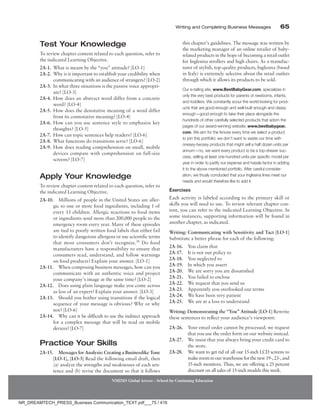 Writing and Completing Business Messages 65
NMIMS Global Access - School for Continuing Education
Test Your Knowledge
To review chapter content related to each question, refer to
the indicated Learning Objective.
2A-1. What is meant by the “you” attitude? [LO-1]
2A-2. Why is it important to establish your credibility when
communicating with an audience of strangers? [LO-2]
2A-3. In what three situations is the passive voice appropri-
ate? [LO-3]
2A-4. How does an abstract word differ from a concrete
word? [LO-4]
2A-5. How does the denotative meaning of a word differ
from its connotative meaning? [LO-4]
2A-6. How can you use sentence style to emphasize key
thoughts? [LO-5]
2A-7. How can topic sentences help readers? [LO-6]
2A-8. What functions do transitions serve? [LO-6]
2A-9. How does reading comprehension on small, mobile
devices compare with comprehension on full-size
screens? [LO-7]
Apply Your Knowledge
To review chapter content related to each question, refer to
the indicated Learning Objective.
2A-10. Millions of people in the United States are aller-
gic to one or more food ingredients, including 1 of
every 13 children. Allergic reactions to food items
or ingredients send more than 200,000 people to the
emergency room every year. Many of these episodes
are tied to poorly written food labels that either fail
to identify dangerous allergens or use scientific terms
that most consumers don’t recognize.24
Do food
manufacturers have a responsibility to ensure that
consumers read, understand, and follow warnings
on food products? Explain your answer. [LO-1]
2A-11. When composing business messages, how can you
communicate with an authentic voice and project
your company’s image at the same time? [LO-2]
2A-12. Does using plain language make you come across
as less of an expert? Explain your answer. [LO-3]
2A-13. Should you bother using transitions if the logical
sequence of your message is obvious? Why or why
not? [LO-6]
2A-14. Why can it be difficult to use the indirect approach
for a complex message that will be read on mobile
devices? [LO-7]
Practice Your Skills
2A-15. Messages for Analysis: Creating a Businesslike Tone
­[LO-1], [LO-3] Read the following email draft, then
(a) analyze the strengths and weaknesses of each sen-
tence and (b) revise the document so that it follows
this chapter’s guidelines. The message was written by
the marketing manager of an online retailer of baby-
related products in the hope of becoming a retail outlet
for Inglesina strollers and high chairs. As a manufac-
turer of stylish, top-quality products, Inglesina (based
in Italy) is extremely selective about the retail outlets
through which it allows its products to be sold.
Our e-tailing site, www.BestBabyGear.com, specializes in
only the very best products for parents of newborns, infants,
and toddlers. We constantly scour the world looking for prod-
ucts that are good enough and well-built enough and classy
enough—good enough to take their place alongside the
hundreds of other carefully selected products that adorn the
pages of our award-winning website, www.bestbabygear.
com. We aim for the fences every time we select a product
to join this portfolio; we don’t want to waste our time with
onesey-twosey products that might sell a half dozen units per
annum—no, we want every product to be a top-drawer suc-
cess, selling at least one hundred units per specific model per
year in order to justify our expense and hassle factor in adding
it to the above mentioned portfolio. After careful consider-
ation, we thusly concluded that your Inglesina lines meet our
needs and would therefore like to add it.
Exercises
Each activity is labeled according to the primary skill or
skills you will need to use. To review relevant chapter con-
tent, you can refer to the indicated Learning Objective. In
some instances, supporting information will be found in
another chapter, as indicated.
Writing: Communicating with Sensitivity and Tact [LO-1]
­
Substitute a better phrase for each of the following:
2A-16. You claim that
2A-17. It is not our policy to
2A-18. You neglected to
2A-19. In which you assert
2A-20. We are sorry you are dissatisfied
2A-21. You failed to enclose
2A-22. We request that you send us
2A-23. Apparently you overlooked our terms
2A-24. We have been very patient
2A-25. We are at a loss to understand
Writing: Demonstrating the “You” Attitude [LO-1] Rewrite
these sentences to reflect your audience’s viewpoint:
2A-26.	
Your email order cannot be processed; we request
that you use the order form on our website instead.
2A-27.	
We insist that you always bring your credit card to
the store.
2A-28.	
We want to get rid of all our 15-inch LCD screens to
makeroominourwarehouseforthenew19-,23-,and
35-inch monitors. Thus, we are offering a 25 percent
discount on all sales of 15-inch models this week.
NR_DREAMTECH_PRESS_Business Communication_TEXT.pdf___75 / 416
 