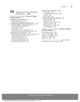Contents ix
NMIMS Global Access - School for Continuing Education
10 
Applying and Interviewing for
Employment 369
Communication Close-Up At Larsen  Toubro
Infotech Limited 369
Submitting Your Résumé 370
Writing Application Letters 370
Following Up After Submitting a Résumé 376
Understanding the Interviewing Process 376
The Typical Sequence of Interviews 377
Common Types of Interviews 377
Interview Media 378
What Employers Look for in an Interview 379
Preemployment Testing and Background Checks 380
Preparing for a Job Interview 381
Learning About the Organization and Your Interviewers 381
Thinking Ahead About Questions 382
Boosting Your Confidence 384
Polishing Your Interview Style 384
Presenting a Professional Image 386
Being Ready When You Arrive 386
Interviewing for Success 388
The Warm-Up 388
The Question-and-Answer Stage 388
The Close 390
Interview Notes 391
Following up After the Interview 391
Follow-Up Message 392
Message of Inquiry 392
Request for a Time Extension 392
Letter of Acceptance 392
Letter Declining a Job Offer 395
Letter of Resignation 395
Communication Challenges At Larsen  Toubro
Infotech Limited 396
Quick Learning Guide 397
Test Your Knowledge 399
Apply Your Knowledge 399
Practice Your Skills 399
Expand Your Skills 401
COMMUNICATING ACROSS CULTURES Successfully
Interviewing Across Borders 387
NR_DREAMTECH_PRESS_Business Communication_TEXT.pdf___9 / 416
 