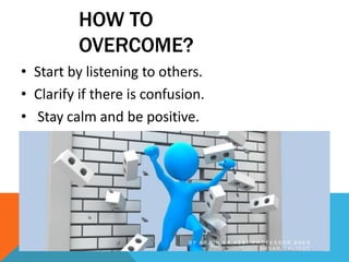 HOW TO
OVERCOME?
• Start by listening to others.
• Clarify if there is confusion.
• Stay calm and be positive.
B Y A R J U N K R , A S S T P R O F E S S O R , S N E S
I M S A R , C A L I C U T
 