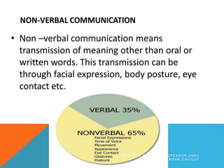 NON-VERBAL COMMUNICATION
• Non –verbal communication means
transmission of meaning other than oral or
written words. This transmission can be
through facial expression, body posture, eye
contact etc.
B Y A R J U N K R , A S S T P R O F E S S O R , S N E S
I M S A R , C A L I C U T
 