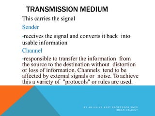 TRANSMISSION MEDIUM
This carries the signal
Sender
•receives the signal and converts it back into
usable information
Channel
•responsible to transfer the information from
the source to the destination without distortion
or loss of information. Channels tend to be
affected by external signals or noise. To achieve
this a variety of "protocols" or rules are used.
B Y A R J U N K R , A S S T P R O F E S S O R , S N E S
I M S A R , C A L I C U T
 
