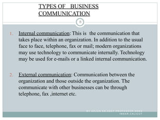 8
TYPES OF BUSINESS
COMMUNICATION
1. Internal communication: This is the communication that
takes place within an organization. In addition to the usual
face to face, telephone, fax or mail; modern organizations
may use technology to communicate internally. Technology
may be used for e-mails or a linked internal communication.
2. External communication: Communication between the
organization and those outside the organization. The
communicate with other businesses can be through
telephone, fax ,internet etc.
B Y A R J U N K R , A S S T P R O F E S S O R , S N E S
I M S A R , C A L I C U T
 