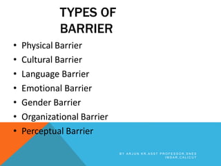 TYPES OF
BARRIER
• Physical Barrier
• Cultural Barrier
• Language Barrier
• Emotional Barrier
• Gender Barrier
• Organizational Barrier
• Perceptual Barrier
B Y A R J U N K R , A S S T P R O F E S S O R , S N E S
I M S A R , C A L I C U T
 