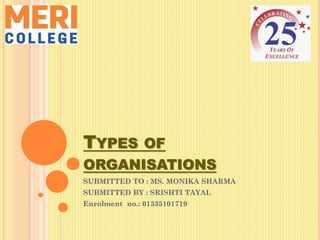 TYPES OF
ORGANISATIONS
SUBMITTED TO : MS. MONIKA SHARMA
SUBMITTED BY : SRISHTI TAYAL
Enrolment no.: 01335101719
 