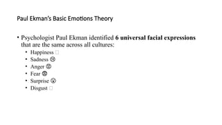 Paul Ekman’s Basic Emotions Theory
• Psychologist Paul Ekman identified 6 universal facial expressions
that are the same across all cultures:
• Happiness 🙂
• Sadness 😢
• Anger 😡
• Fear 😨
• Surprise 😮
• Disgust 🤢
 