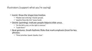 Illustrators (support what you’re saying)
• Iconic: Draw the shape/size/motion.
• “Market size is this big” (hands spread),
• “pipeline flows like this” (wavy hand).
• Deictic (pointing): Indicate people/objects/slide areas.
• “On the left is cost, on the right is revenue.”
• “Look there!”
• Beat gestures: Small rhythmic flicks that mark emphasis.Great for key
phrases:
• “Three priorities: Speed. Quality. Cost.”
 