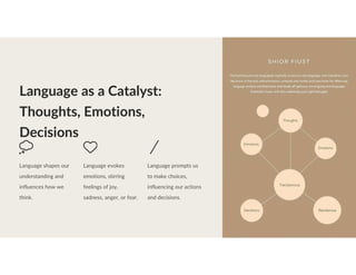 Language as a Catalyst:
Thoughts, Emotions,
Decisions
Language shapes our
understanding and
influences how we
think.
Language evokes
emotions, stirring
feelings of joy,
sadness, anger, or fear.
Language prompts us
to make choices,
influencing our actions
and decisions.
 