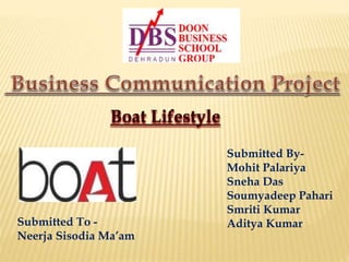 Boat Lifestyle
Submitted To -
Neerja Sisodia Ma’am
Submitted By-
Mohit Palariya
Sneha Das
Soumyadeep Pahari
Smriti Kumar
Aditya Kumar
 