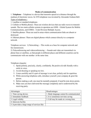 Modes of communication
1. Telephone – Telephone is a device that transmits speech at a distance through the
medium of electronic waves. In 1876 telephone was invented by Alexander Graham Bell.
Types of telephones:-
1. Landline or standard telephones
2. Cellular or Mobile phones: These are wireless devices that use radio waves to transmit
sounds. The two main cellular systems in operation are GSM – Global System for Mobile
Communications, and CDMA – Code Division Multiple Access.
3. Satellite phones: These are used in areas where communication links are absent or
destroyed.
4. Ethernet phones: There are digital phones which connect directly to a computer
network.
Telephone services: 1) Networking: – This works as a base for computer network and
fax transmission.
2) Teleconferencing and videoconferencing : - Sounds and video are transmitted via
phone lines or satellites, so that people in different places and different countries can be
communicate with one another at the same time.
Telephone etiquette:
1. Speak politely, precisely, clearly, confidently. Be positive & talk friendly with a
smile in voice.
2. Avoid shouting or speaking too low.
3. Listen carefully and if a part of message is not clear, politely ask for repetition.
4. While answering telephone calls, introduce yourself, your company & greet the
person.
5. Before making a call, one must be mentally prepared, if need be note down points.
6. Make sure you have delivered the message completely and is understood by the
receiving party.
Advantages Disadvantages
1. Time saving device. 1. Body language cannot be communicated.
2. Immediate feedback 2. It is sometimes not time saving
3. Legal validity 3. Call may be made at a wrong time.
4. Intercom facility
5. It provides a large range of services like
 