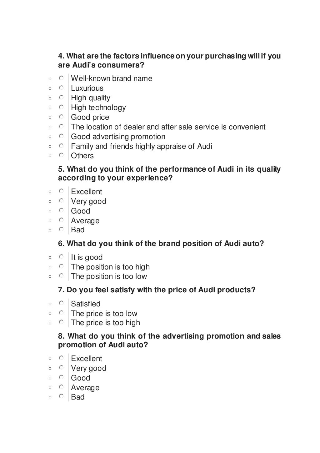 Audi Auto Market Survey Questionnaire