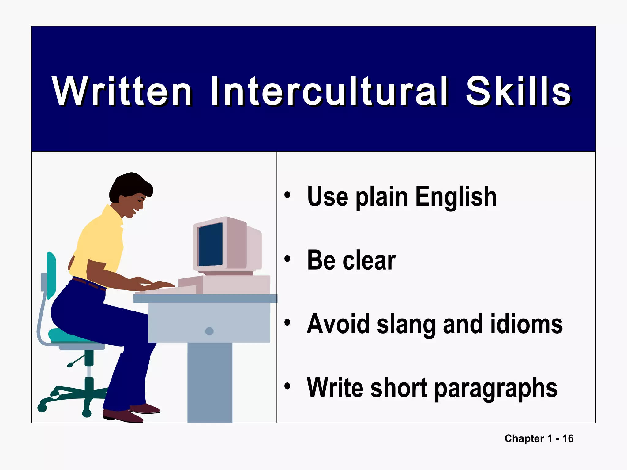 Chapter 1 - 16
Written Intercultural SkillsWritten Intercultural Skills
• Use plain English
• Be clear
• Avoid slang and idioms
• Write short paragraphs
 