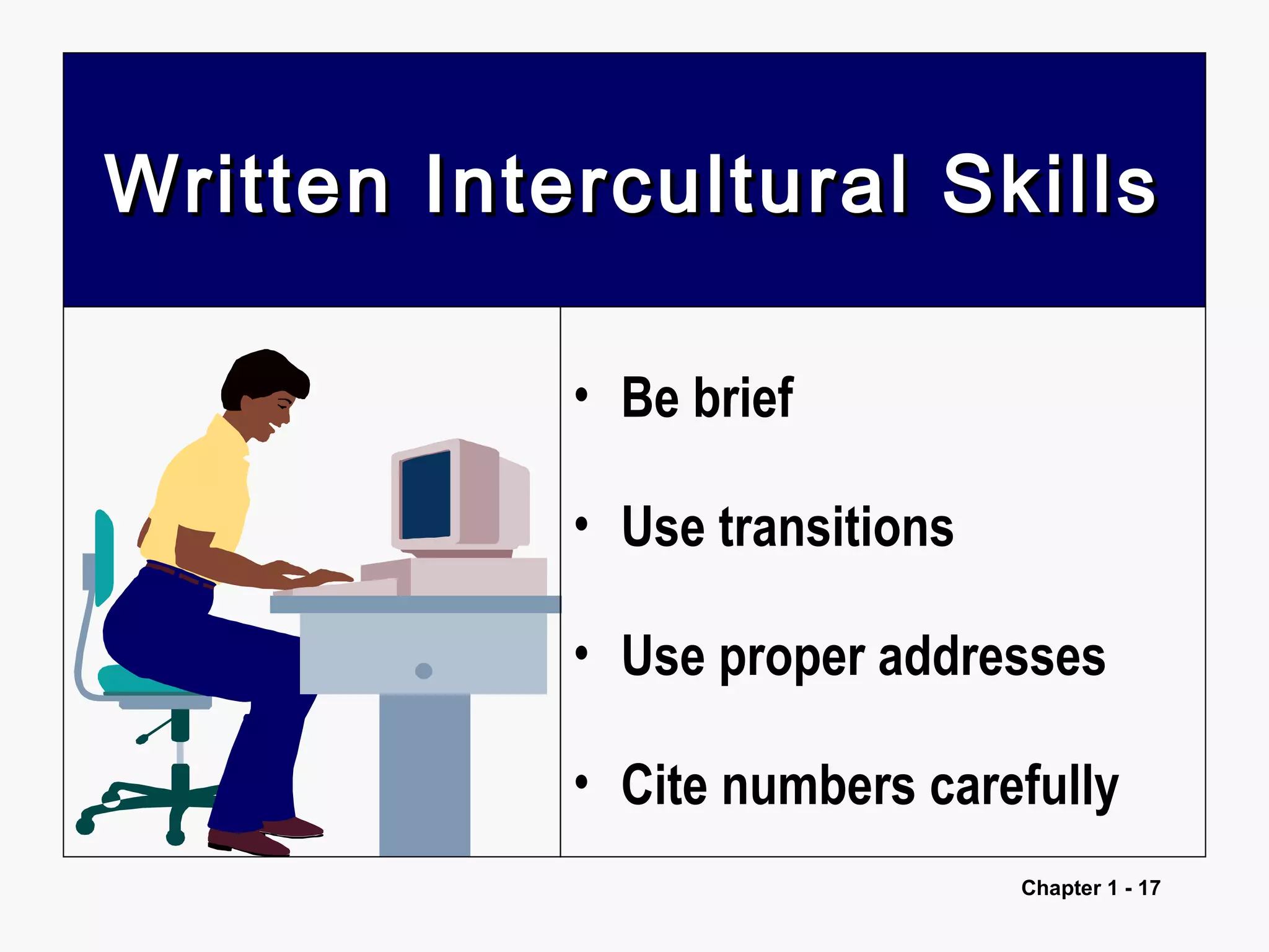 Chapter 1 - 17
Written Intercultural SkillsWritten Intercultural Skills
• Be brief
• Use transitions
• Use proper addresses
• Cite numbers carefully
 