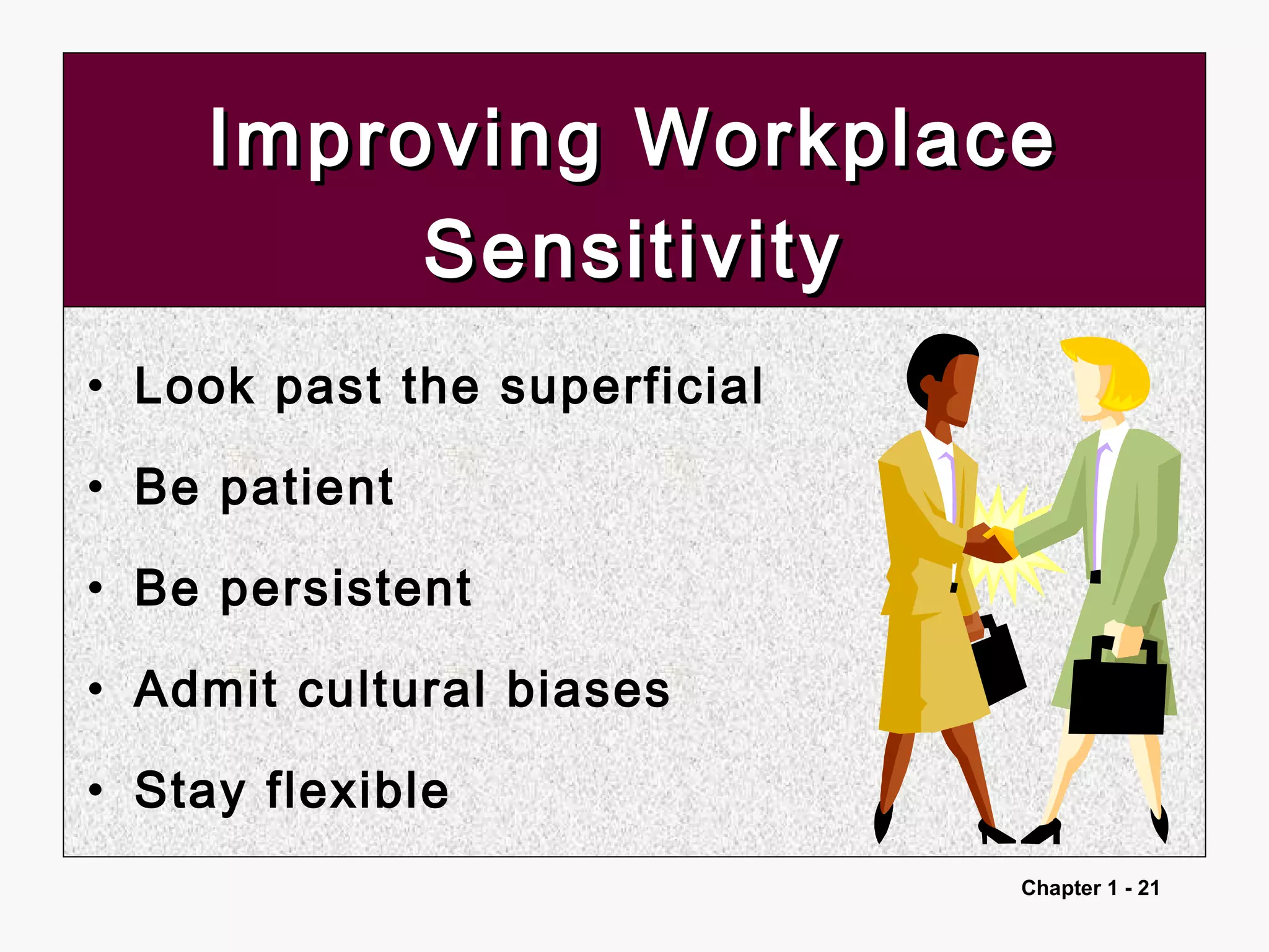 Chapter 1 - 21
Improving WorkplaceImproving Workplace
SensitivitySensitivity
• Look past the superficial
• Be patient
• Be persistent
• Admit cultural biases
• Stay flexible
 