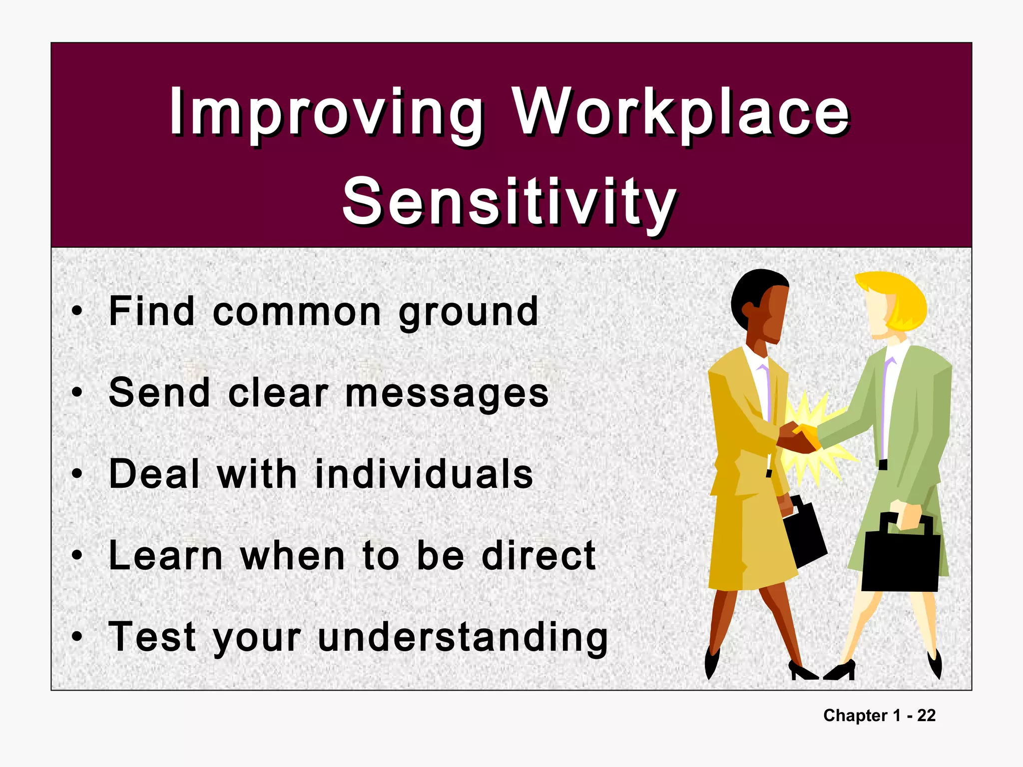 Chapter 1 - 22
Improving WorkplaceImproving Workplace
SensitivitySensitivity
• Find common ground
• Send clear messages
• Deal with individuals
• Learn when to be direct
• Test your understanding
 