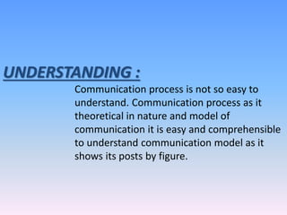 UNDERSTANDING :
Communication process is not so easy to
understand. Communication process as it
theoretical in nature and model of
communication it is easy and comprehensible
to understand communication model as it
shows its posts by figure.
 