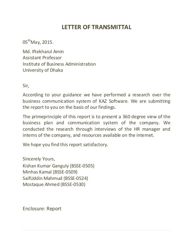 kaz software a study on business communication system letter of transmittal for research paper