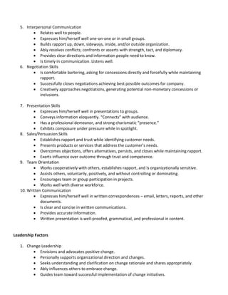 5. Interpersonal Communication
 Relates well to people.
 Expresses him/herself well one-on-one or in small groups.
 Builds rapport up, down, sideways, inside, and/or outside organization.
 Ably resolves conflicts; confronts or asserts with strength, tact, and diplomacy.
 Provides clear directions and information people need to know.
 Is timely in communication. Listens well.
6. Negotiation Skills
 Is comfortable bartering, asking for concessions directly and forcefully while maintaining
rapport.
 Successfully closes negotiations achieving best possible outcomes for company.
 Creatively approaches negotiations, generating potential non-monetary concessions or
inclusions.
7. Presentation Skills
 Expresses him/herself well in presentations to groups.
 Conveys information eloquently. “Connects” with audience.
 Has a professional demeanor, and strong charismatic “presence.”
 Exhibits composure under pressure while in spotlight.
8. Sales/Persuasion Skills
 Establishes rapport and trust while identifying customer needs.
 Presents products or services that address the customer’s needs.
 Overcomes objections, offers alternatives, persists, and closes while maintaining rapport.
 Exerts influence over outcome through trust and competence.
9. Team Orientation
 Works cooperatively with others, establishes rapport, and is organizationally sensitive.
 Assists others, voluntarily, positively, and without controlling or dominating.
 Encourages team or group participation in projects.
 Works well with diverse workforce.
10. Written Communication
 Expresses him/herself well in written correspondences – email, letters, reports, and other
documents.
 Is clear and concise in written communications.
 Provides accurate information.
 Written presentation is well-proofed, grammatical, and professional in content.

Leadership Factors
1. Change Leadership
 Envisions and advocates positive change.
 Personally supports organizational direction and changes.
 Seeks understanding and clarification on change rationale and shares appropriately.
 Ably influences others to embrace change.
 Guides team toward successful implementation of change initiatives.

 