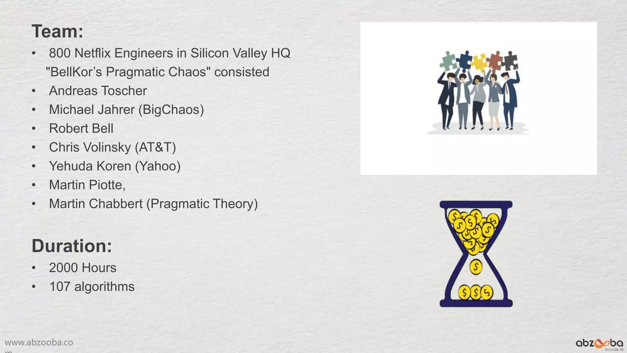 www.abzooba.co
Team:
• 800 Netflix Engineers in Silicon Valley HQ
"BellKor’s Pragmatic Chaos" consisted
• Andreas Toscher
• Michael Jahrer (BigChaos)
• Robert Bell
• Chris Volinsky (AT&T)
• Yehuda Koren (Yahoo)
• Martin Piotte,
• Martin Chabbert (Pragmatic Theory)
Duration:
• 2000 Hours
• 107 algorithms
 