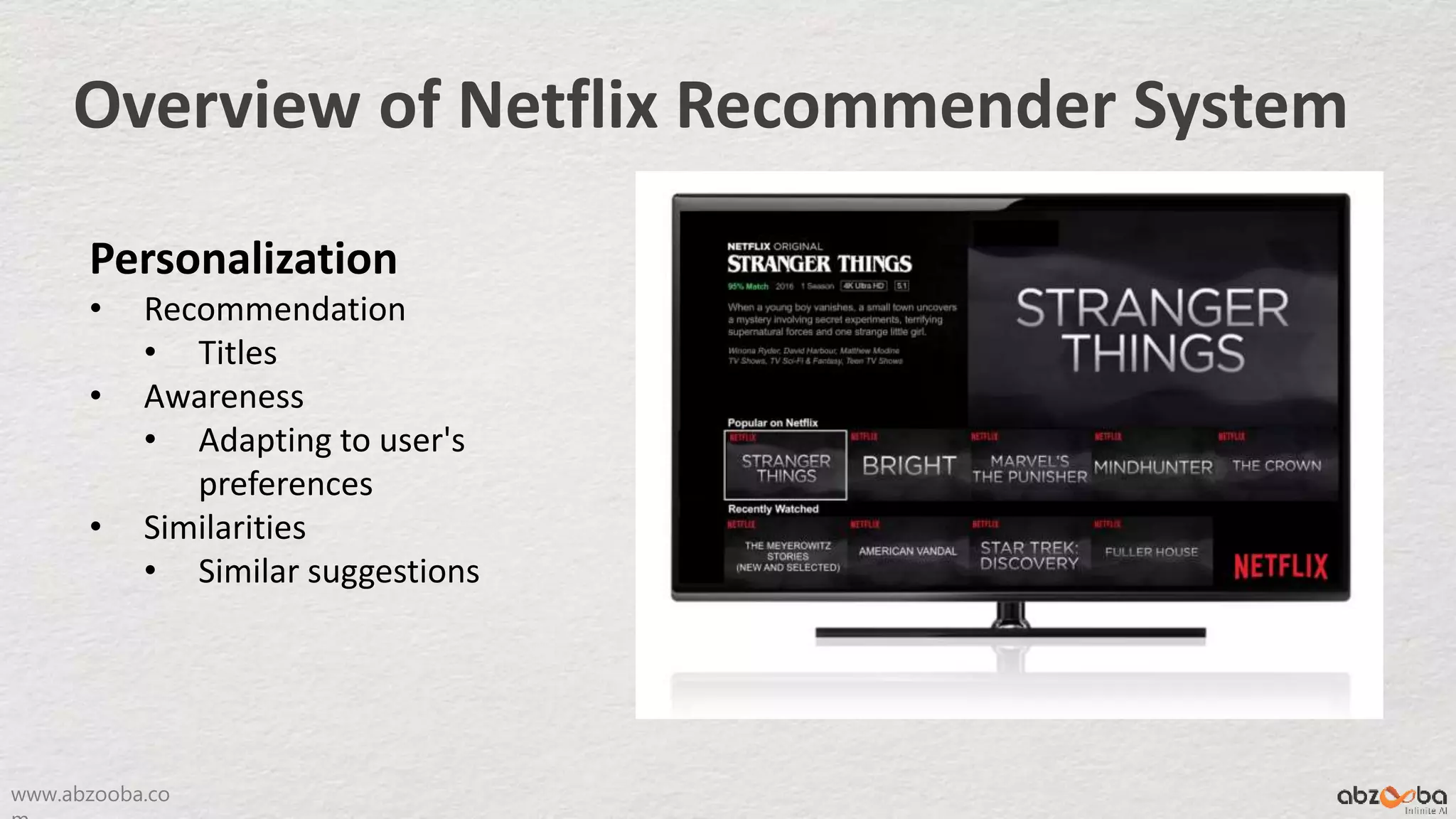 www.abzooba.co
Overview of Netflix Recommender System
Personalization
• Recommendation
• Titles
• Awareness
• Adapting to user's
preferences
• Similarities
• Similar suggestions
 