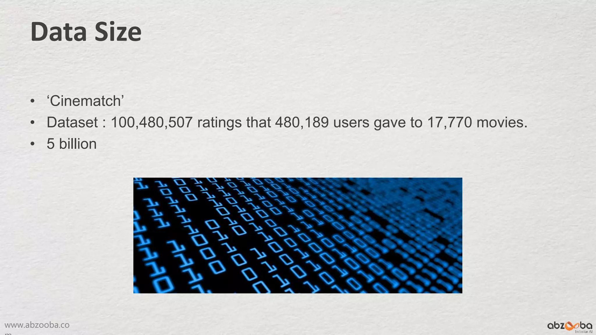 www.abzooba.co
• ‘Cinematch’
• Dataset : 100,480,507 ratings that 480,189 users gave to 17,770 movies.
• 5 billion
Data Size
 