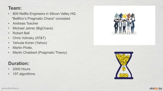www.abzooba.co
Team:
• 800 Netflix Engineers in Silicon Valley HQ
"BellKor’s Pragmatic Chaos" consisted
• Andreas Toscher
• Michael Jahrer (BigChaos)
• Robert Bell
• Chris Volinsky (AT&T)
• Yehuda Koren (Yahoo)
• Martin Piotte,
• Martin Chabbert (Pragmatic Theory)
Duration:
• 2000 Hours
• 107 algorithms
 